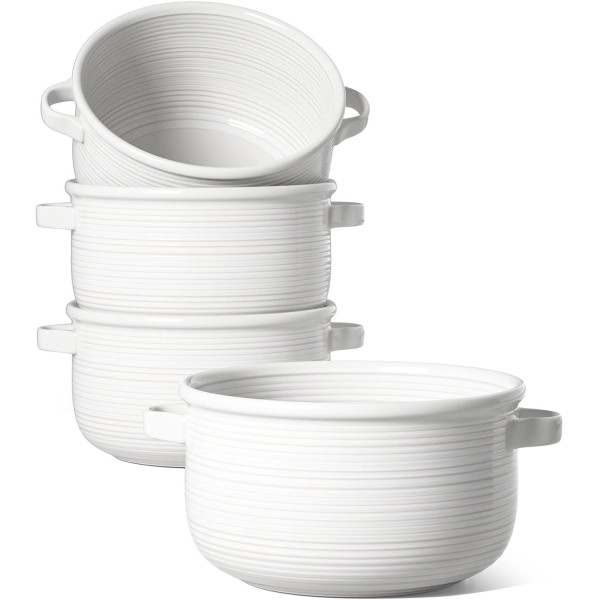 Onion Soup Bowls With Handles for Chili, Set of 4,28 Ounce, White