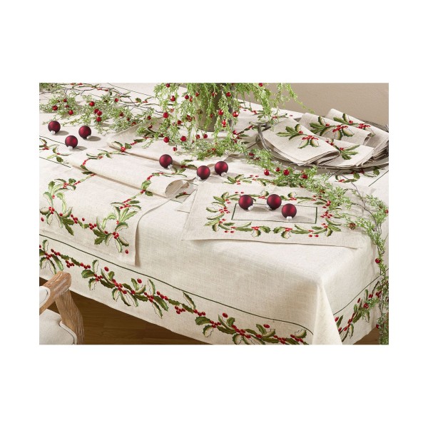 Embroidered Holly Design Holiday Linen Blend Table Runners